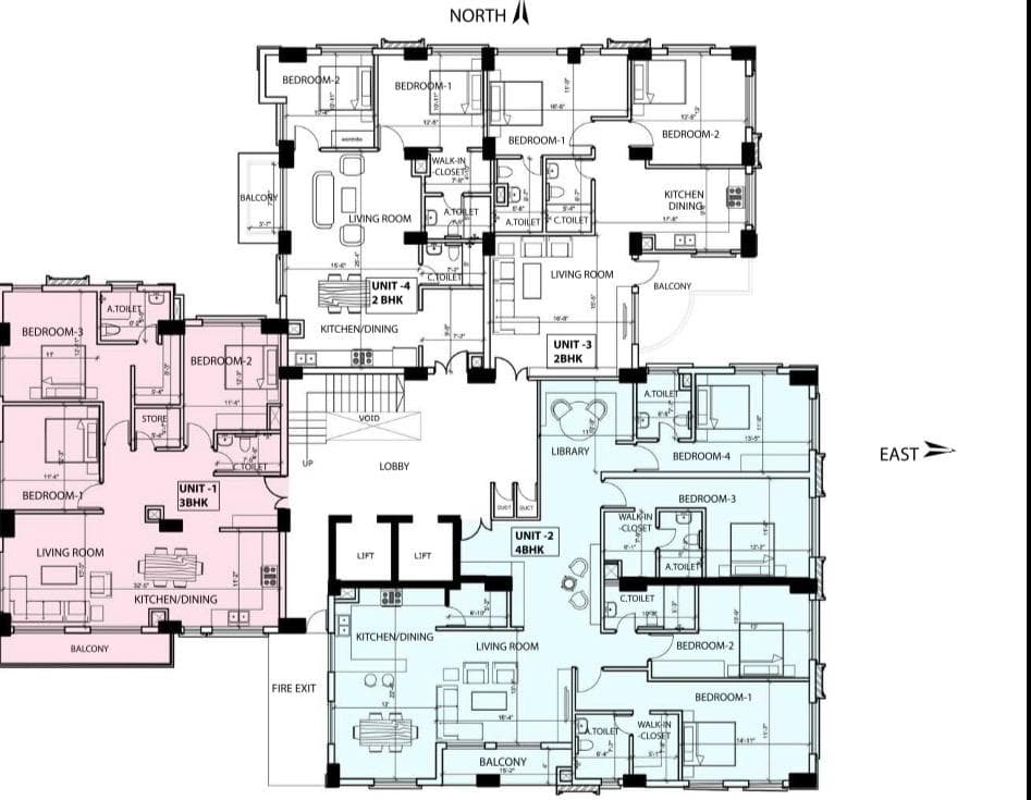 Typical floor plate showing four units: a 3BHK, a 4BHK and two 2BHK apartments arranged around a central lobby, with lifts, stair and fire exit