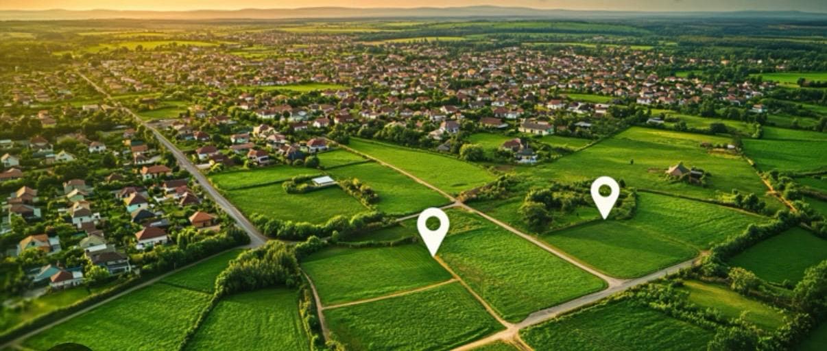 Aerial view of plotted agricultural and residential land divided by access roads