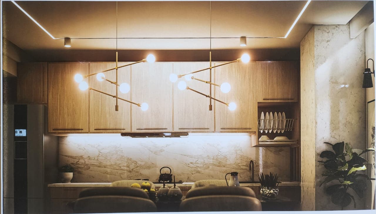 Kitchen of an A.S.G. residence, with timber cabinetry, a stone splashback and integrated lighting
