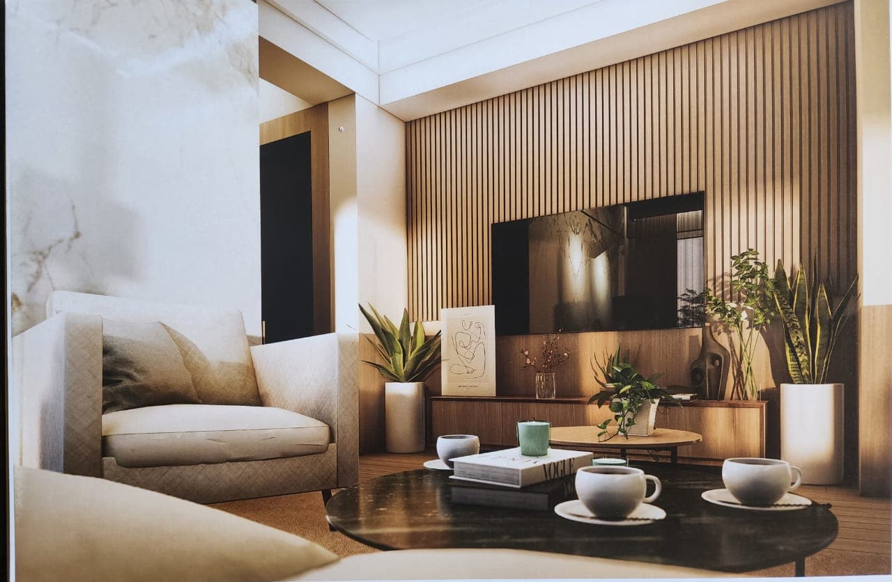 Lounge of an A.S.G. residence with a slatted timber media wall and low console
